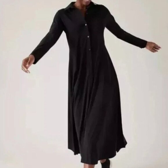 Athleta Dresses & Skirts - Athleta Black Midi Shirt Dress W/ Collar & Long Sleeves Button Front Size M